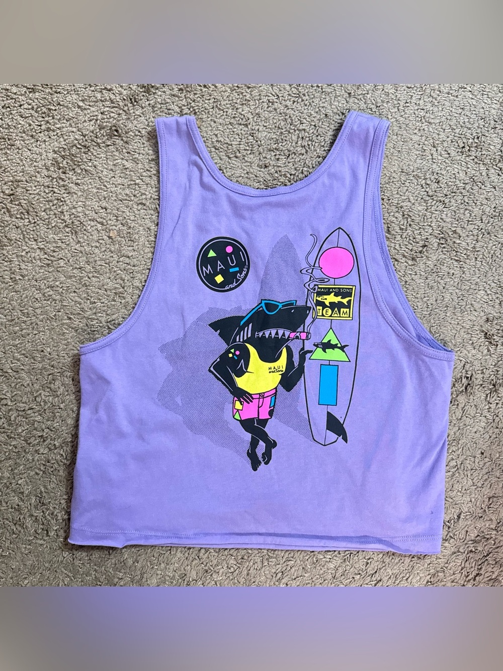 Maui and Sons Surf Women’s Small Purple Tank Top, Shark graphic on the back